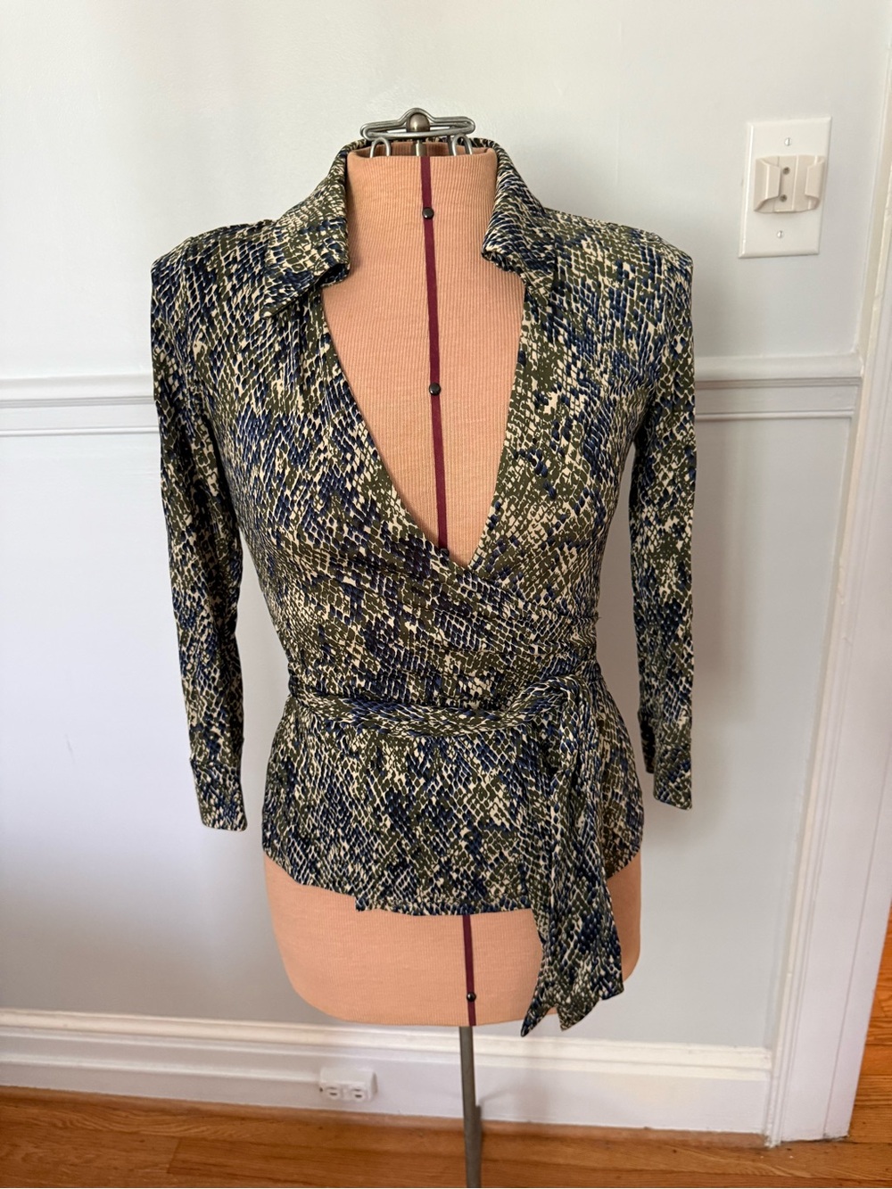 Diane Von Furstenberg Olive & Navy Print Wrap Blouse